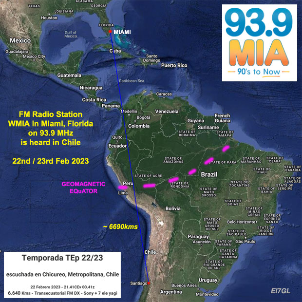 FM radio station WMIA in Miami on 93.9 MHz is heard in Chile - 23rd Feb 2023